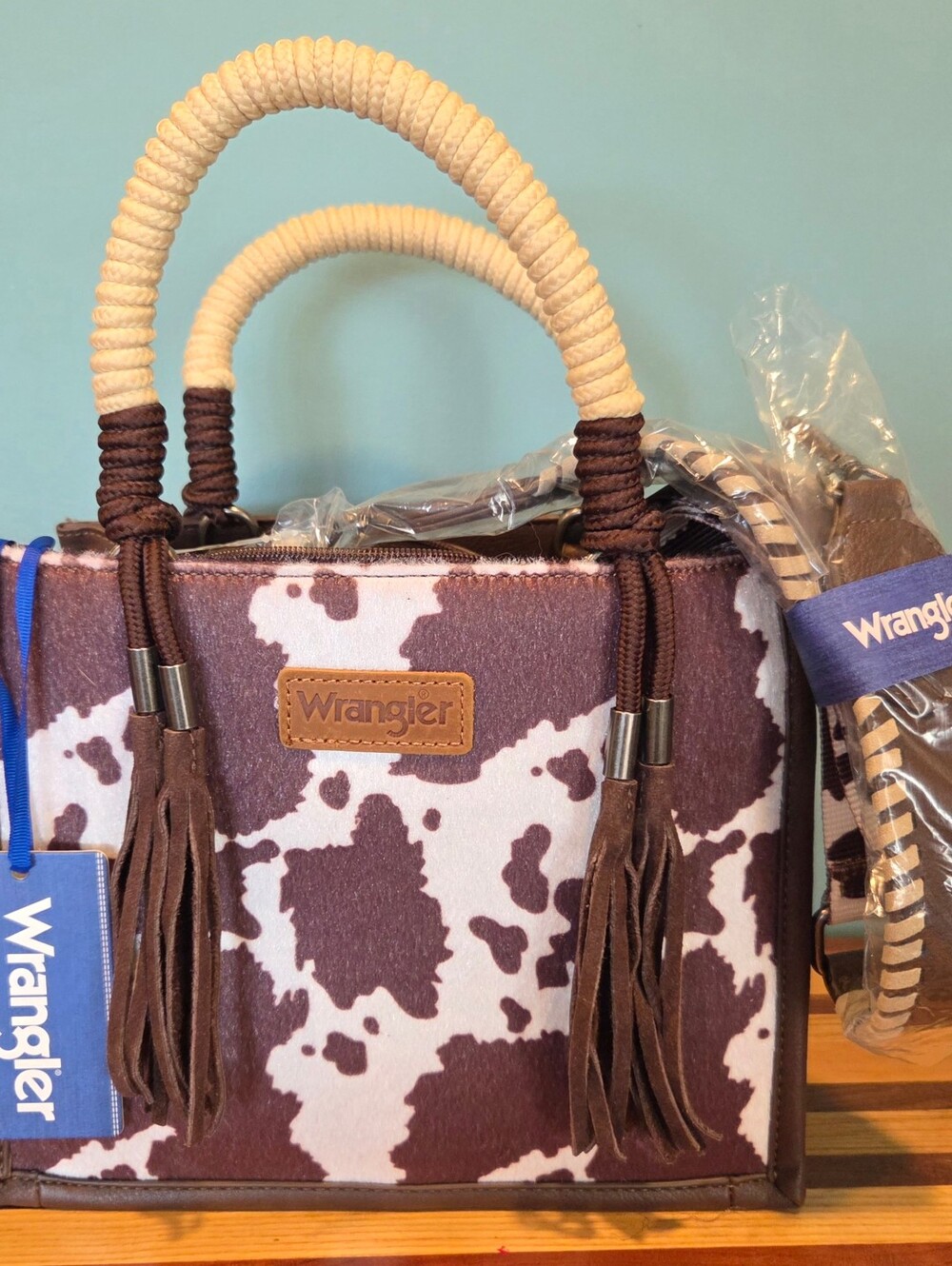 Wrangler Brown & White Cowhide Print Tote with Tassels